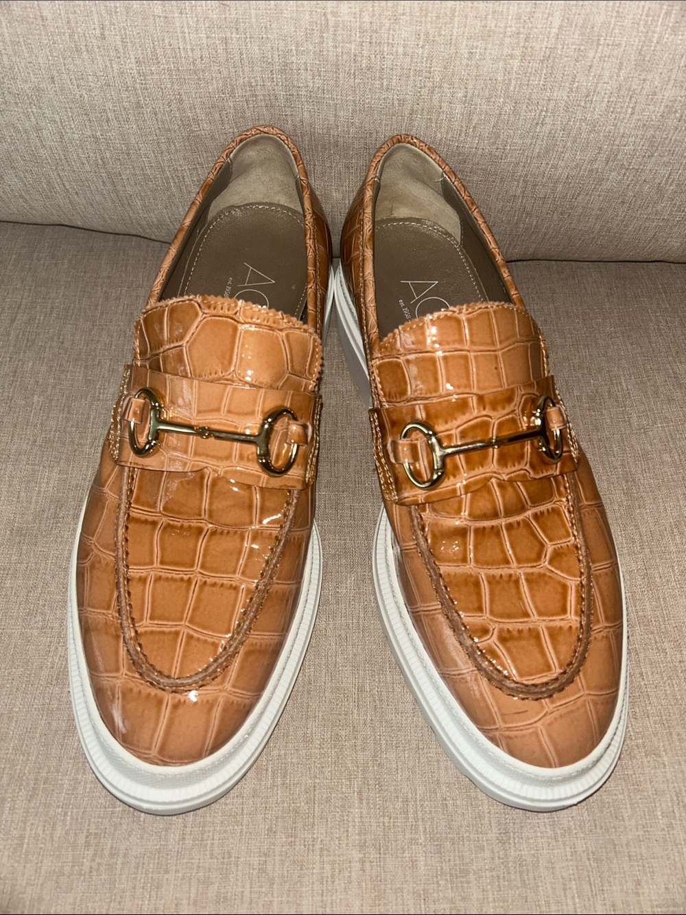 Agl Cognac Croc-Embossed Leather Loafers with Gold Bit